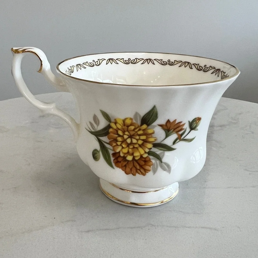 E&R Golden Crown Bone China October Bouquet of the Month Series Cup & Saucer Vtg